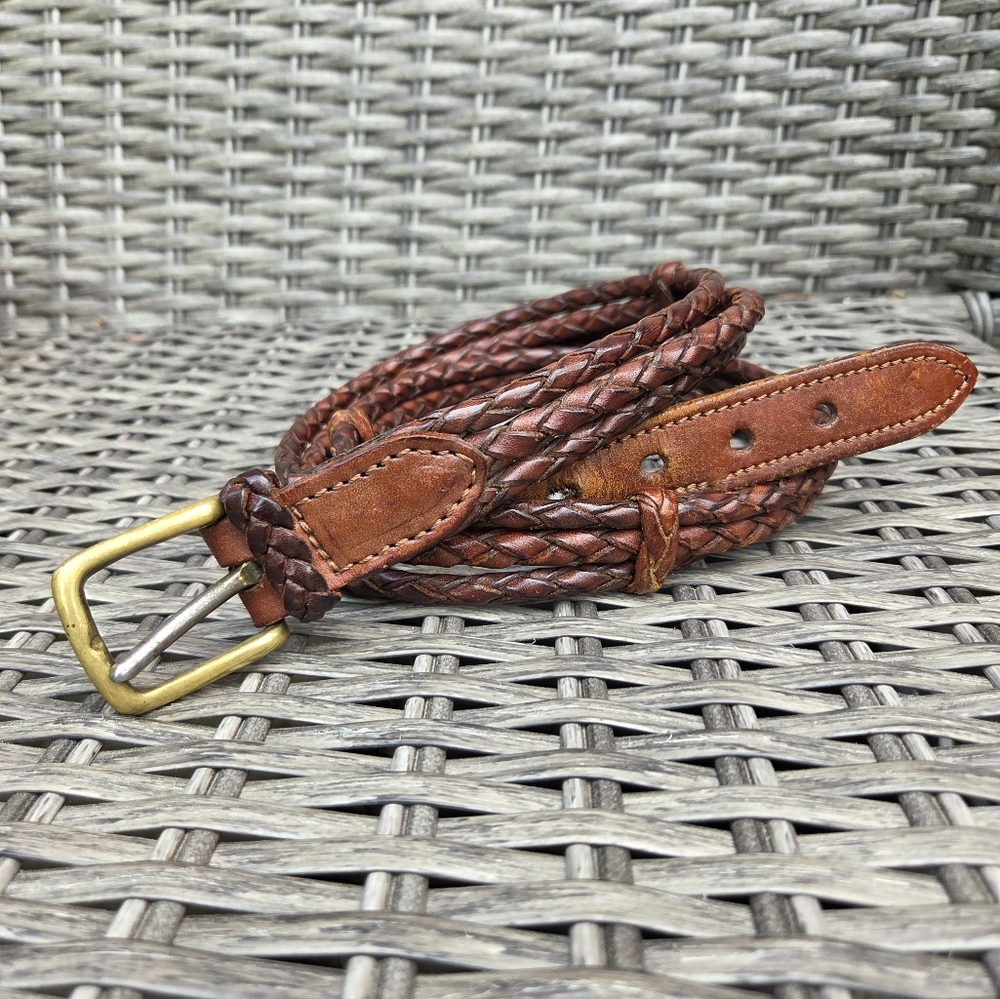 Vintage Brown Woven Leather Belt With Brass Buckle
